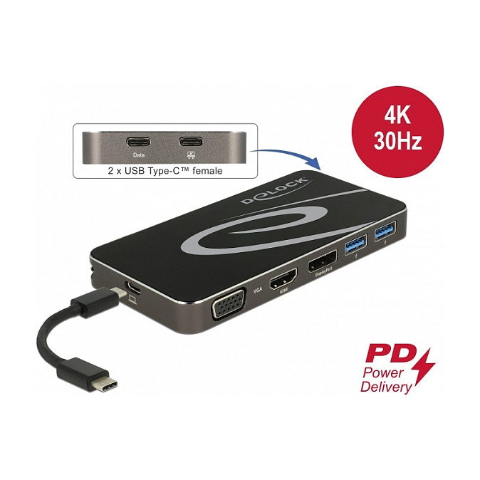 DeLOCK Dockingstation USB Type-C™ 3.2 4K HDMI + DP / 1080p VGA, USB Hub y PD 3.0 DeLOCK Dockingstation USB Type-C™ 3.2 4K HDMI + DP / 1080p VGA, USB Hub y PD 3.0