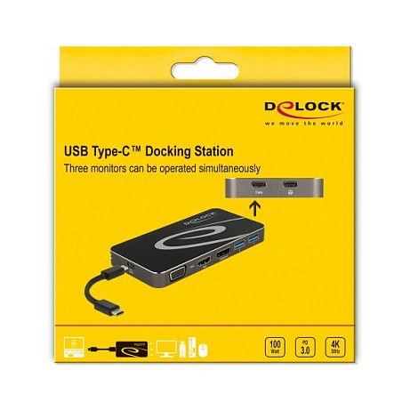 DeLOCK Docking Station USB-C 3.2 Gen 1 Hub con 4K HDMI, DisplayPort, VGA 1080p y Carga PD 3.0 para Laptop (2xUSB-A, 1xUSB-C) - Negro