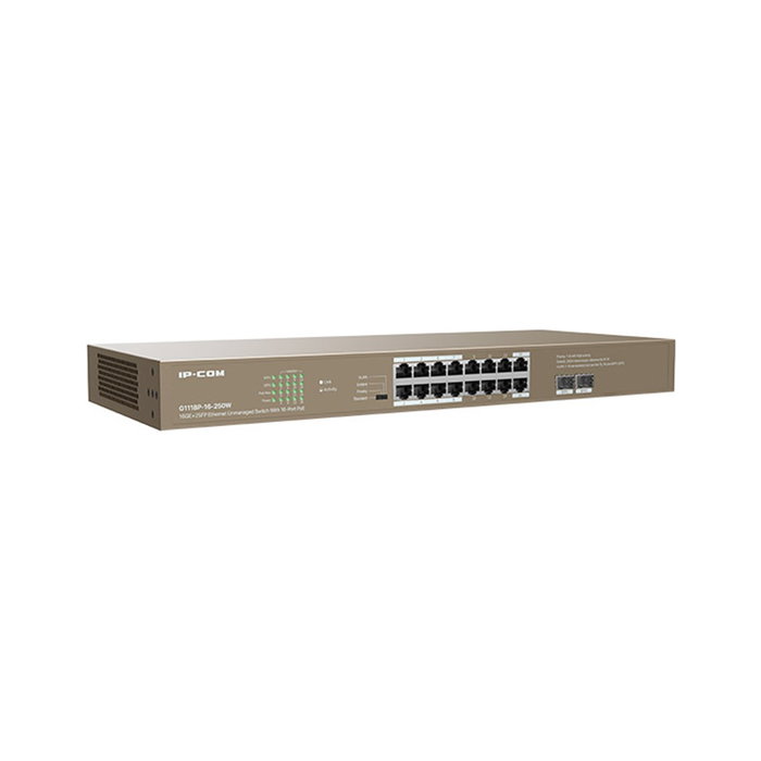 IP-COM G1118P-16-250W Switch Ethernet No Administrado con 16 Puertos Gigabit PoE y 2 SFP, PoE Total 230W, Montaje en Bastidor