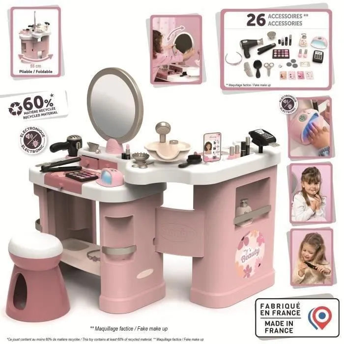 Smoby Mi Centro de Belleza 3 en 1 SMO3032163202561 Peluquería Salón de Manicura Maquillaje Juguete 26 Accesorios +3 años