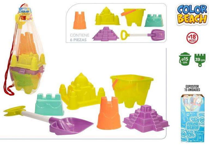 Cubo de playa castillo 15 cm con pala 39 cm y 4 accesorios en red