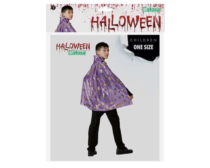 Capa Corta Morada con Estrellas Doradas y Cuello Alto para Halloween - 75 cm - Ideal para Disfraces de Bruja, Hechicero o Maga