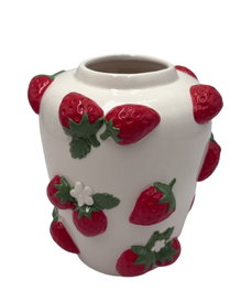DKD Home Decor Jarrón de Cerámica con Diseño de Fresas Blanco y Rojo