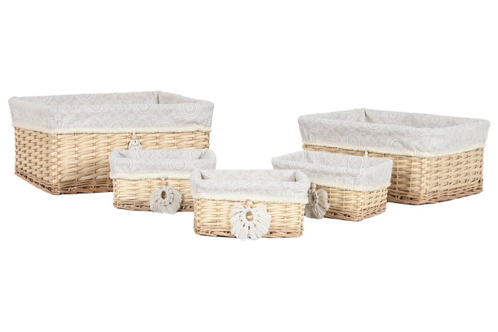 DKD Home Decor Set de 5 Cestas de Mimbre y Poliéster Natural 48x38x22 cm DKD Home Decor Set de 5 Cestas de Mimbre y Poliéster Natural 48x38x22 cm