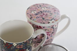DKD Home Decor Mug Infusiones Shabby Multicolor Rosa Porcelana y Acero Inoxidable 380ml 12 Unidades 8.3 x 11 x 12 cm