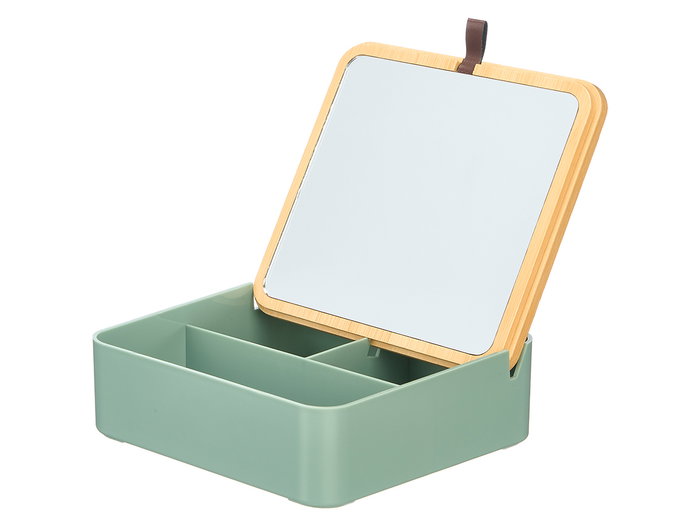Berilo Organizador plástico con espejo y detalles de bambú, color verde, dimensiones 14x5.5x14 cm, espejo 12.5x12.5 cm (Set de 12)