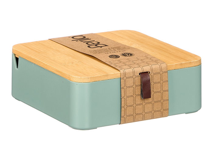 Berilo Organizador plástico con espejo y detalles de bambú, color verde, dimensiones 14x5.5x14 cm, espejo 12.5x12.5 cm (Set de 12)