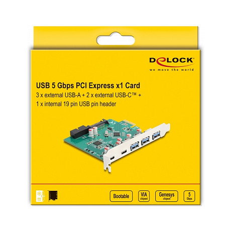 DeLOCK Tarjeta PCI Express x1 USB 3.2 Gen 1 con 3 Puertos Tipo-A, 2 Puertos USB-C Externos y 1 Conector Interno de 19 Pines para PC