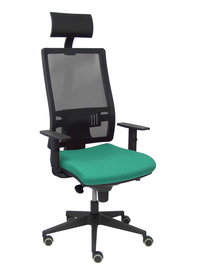 Silla de oficina Horna con mecanismo Sincro tapizada con Tela color Verde esmeralda y malla color Negro. Equipada con lumbar 1D, Brazos 1D, Cabecero Fijo y Ruedas de parqué