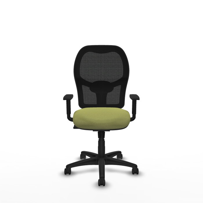 Silla de oficina Alocén con mecanismo Sincro tapizada con Tela color Verde oliva y malla color Negro. Equipada con lumbar 1D, Brazos 1D y Ruedas de parqué