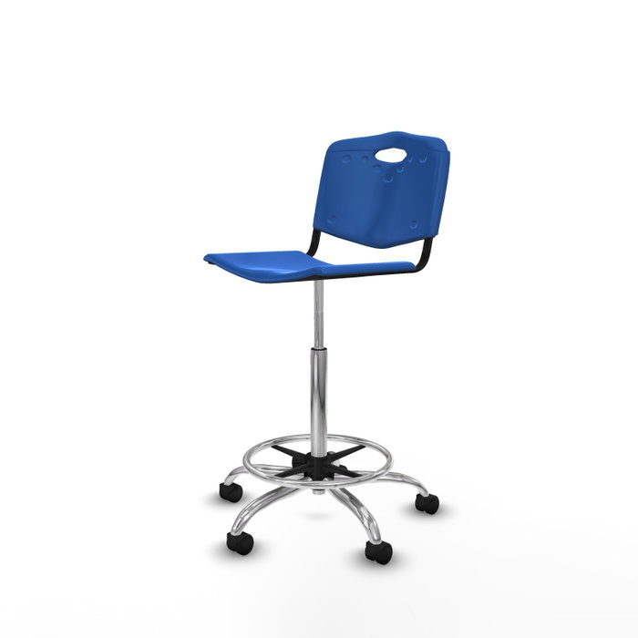 Taburete Robledo con mecanismo Giratorio de PVC color Azul. Equipado con Base cromada, Sin brazos y Ruedas de nailon 50 mm Taburete Robledo con mecanismo Giratorio de PVC color Azul. Equipado con Base cromada, Sin brazos y Ruedas de nailon 50 mm