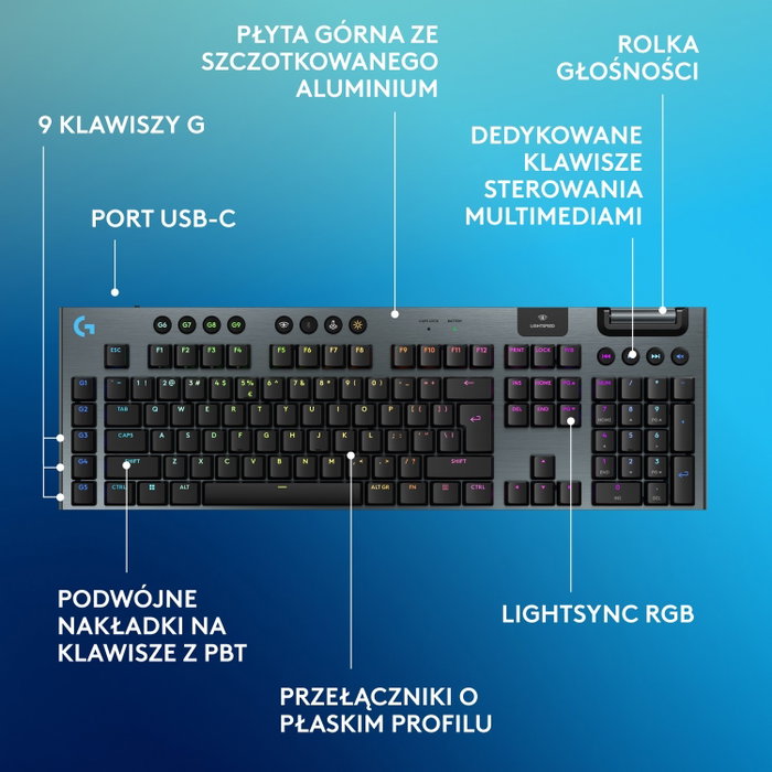 Logitech G915 X Tactile Teclado Inalámbrico Mecánico Gaming RGB Layout Polaco Negro