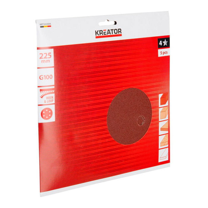 Kreator Disco de lija grano 100 de 225 mm con 6 agujeros, pack de 5 uds