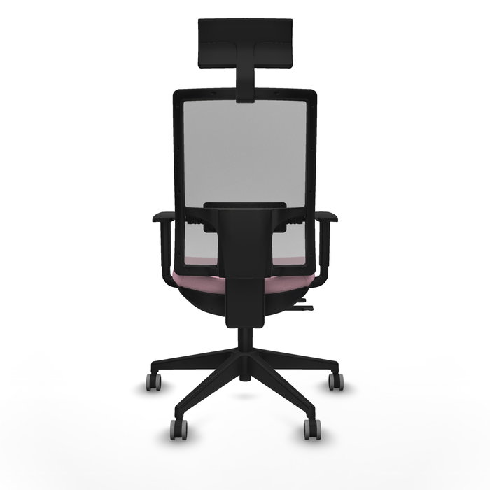 Silla de oficina Horna con mecanismo Sincro/Traslack tapizada con Tela color Rosa y malla color Gris. Equipada con lumbar 1D, Brazos 1D, Cabecero Fijo y Ruedas 65 mm parqué