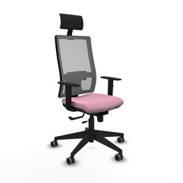 Silla de oficina Horna con mecanismo Sincro/Traslack tapizada con Tela color Rosa y malla color Gris. Equipada con lumbar 1D, Brazos 1D, Cabecero Fijo y Ruedas 65 mm parqué