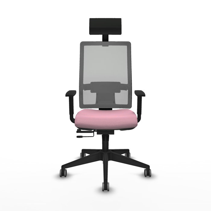 Silla de oficina Horna con mecanismo Sincro/Traslack tapizada con Tela color Rosa y malla color Gris. Equipada con lumbar 1D, Brazos 1D, Cabecero Fijo y Ruedas 65 mm parqué