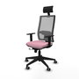 Silla de oficina Horna con mecanismo Sincro/Traslack tapizada con Tela color Rosa y malla color Gris. Equipada con lumbar 1D, Brazos 1D, Cabecero Fijo y Ruedas 65 mm parqué