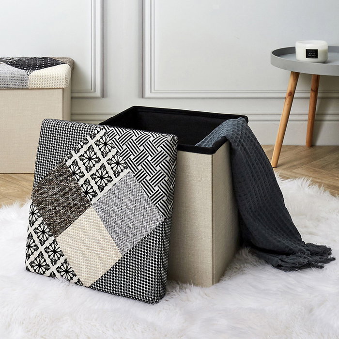 Home Deco Factory Caja-Puf Plegable Patchwork Asiento Extra Almacenamiento 38x38x38 cm Home Deco Factory Caja-Puf Plegable Patchwork Asiento Extra Almacenamiento 38x38x38 cm