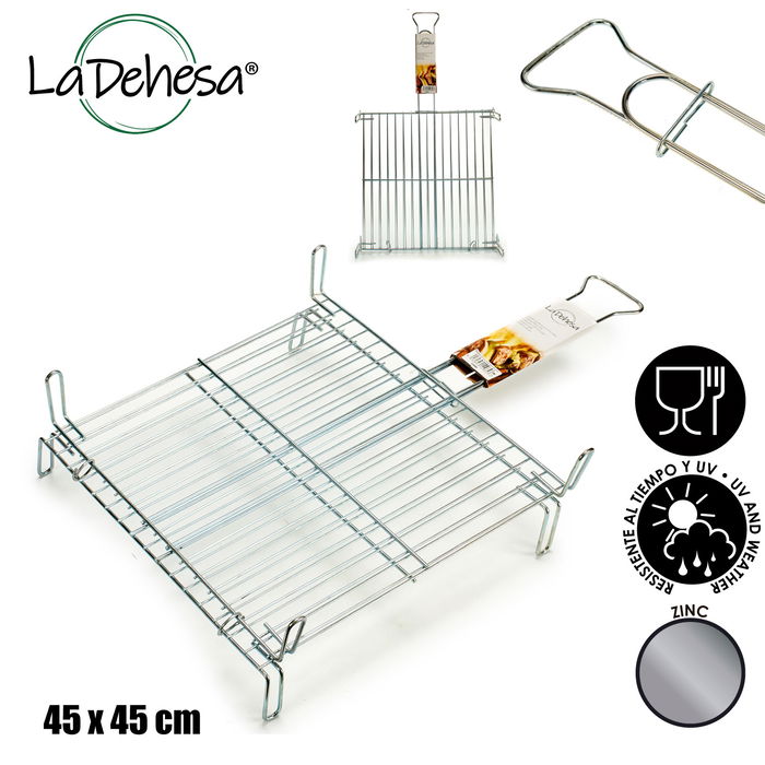 La Dehesa Parrilla Doble Zincada 45 x 45 cm Metal Acero Zincado Plateado con 4 patas y asa con cierre (Set de 5)