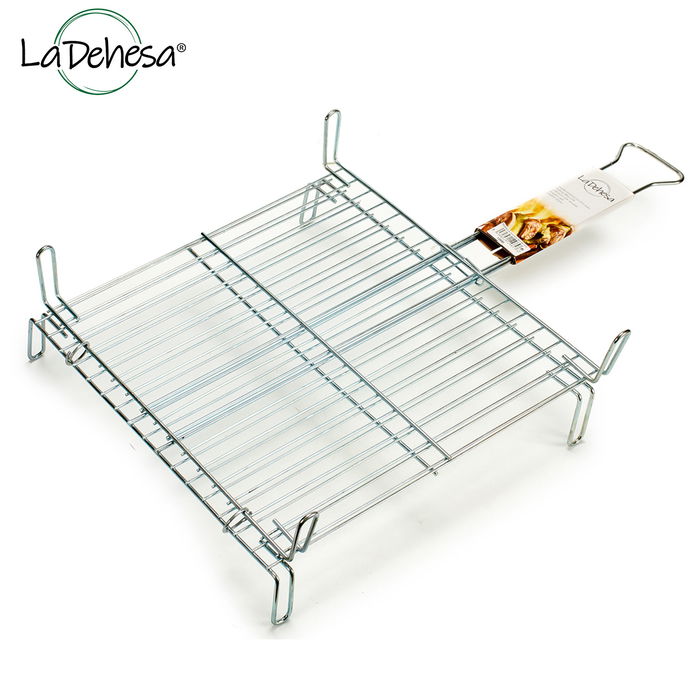 La Dehesa Parrilla Doble Zincada 45 x 45 cm Metal Acero Zincado Plateado con 4 patas y asa con cierre (Set de 5)