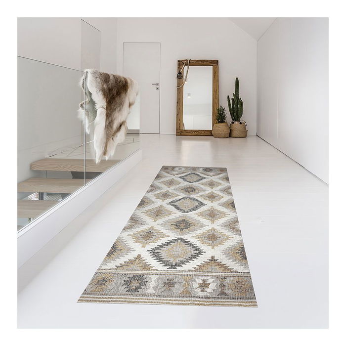 Croma Collection Alfombra vinílica acolchada con estampado kilim en grises, 60 x 200 cm
