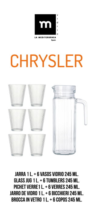 Inde Set de Jarra de Vidrio de 1 Litro y 6 Vasos de 245 ml, Colección Chrysler (6 Cajas) Inde Set de Jarra de Vidrio de 1 Litro y 6 Vasos de 245 ml, Colección Chrysler (6 Cajas)