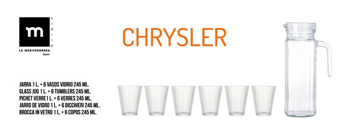 Inde Set de Jarra de Vidrio de 1 Litro y 6 Vasos de 245 ml, Colección Chrysler (6 Cajas) Inde Set de Jarra de Vidrio de 1 Litro y 6 Vasos de 245 ml, Colección Chrysler (6 Cajas)