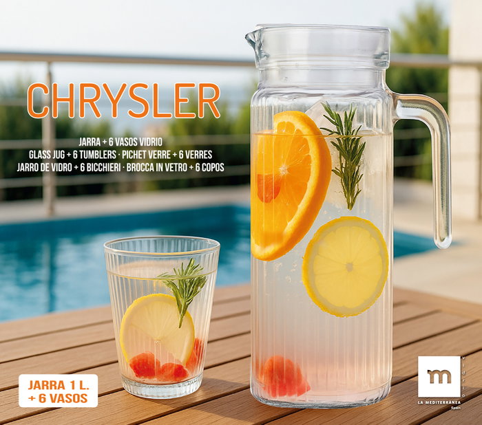 Inde Set de Jarra de Vidrio de 1 Litro y 6 Vasos de 245 ml, Colección Chrysler (6 Cajas) Inde Set de Jarra de Vidrio de 1 Litro y 6 Vasos de 245 ml, Colección Chrysler (6 Cajas)