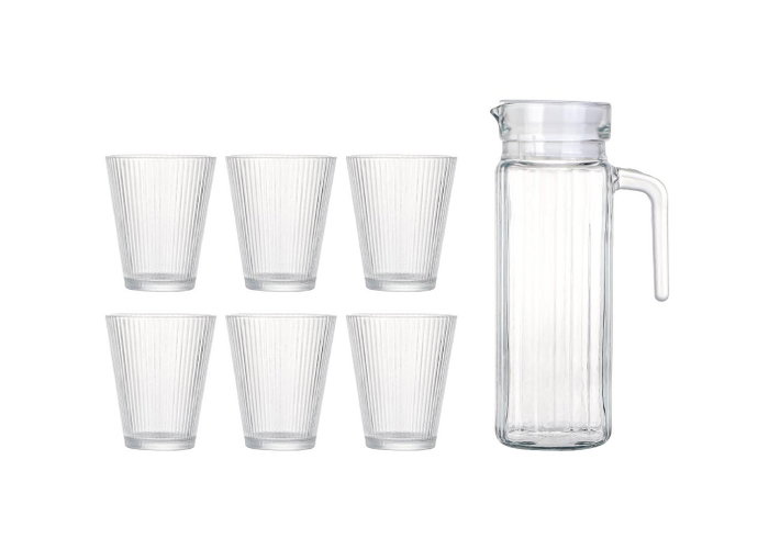 Inde Set de Jarra de Vidrio de 1 Litro y 6 Vasos de 245 ml, Colección Chrysler (6 Cajas) Inde Set de Jarra de Vidrio de 1 Litro y 6 Vasos de 245 ml, Colección Chrysler (6 Cajas)