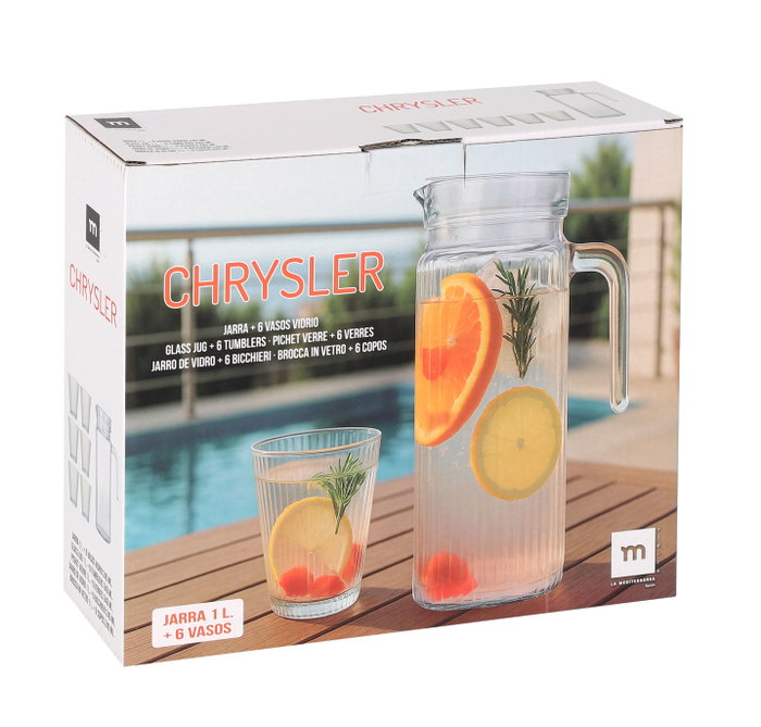 Inde Set de Jarra de Vidrio de 1 Litro y 6 Vasos de 245 ml, Colección Chrysler (6 Cajas)