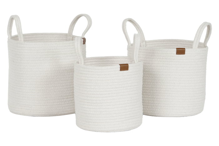 DKD Home Decor Set de 3 Cestas de Algodón con Asas, Blanco