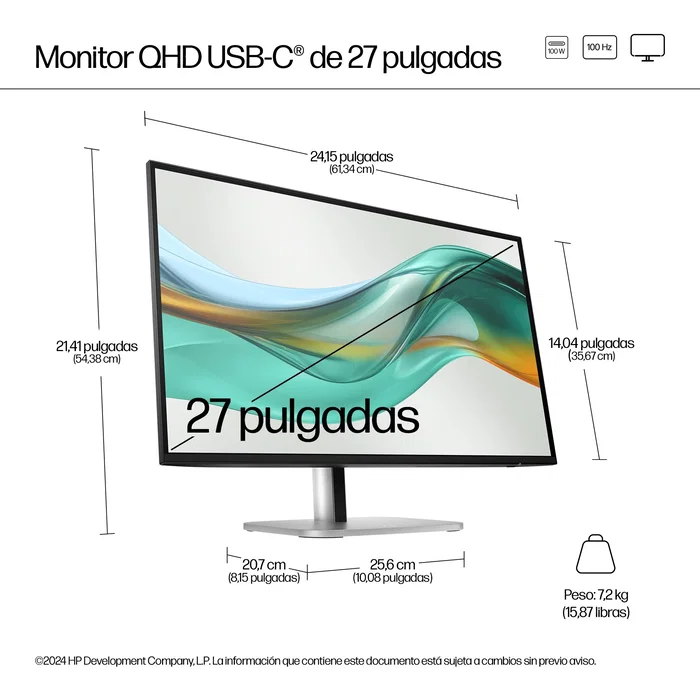 HP Monitor HP Series 5 Pro 27" QHD USB-C 527pu - Pantalla IPS 2560x1440, 100Hz, USB-C 100W, Ajuste 4 vías, Negro