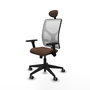 Silla de oficina Motilla con mecanismo Sincro tapizada con Tela color Marrón oscuro y malla color Blanco. Equipada con lumbar 1D, Brazos 3D, Cabecero Fijo y Ruedas 65 mm parqué