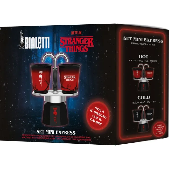 Bialetti Cafetera Italiana BIA8006363095280 Colección Stranger Things Set Mini Express con 2 Tazas Termosensibles Negro/Rojo