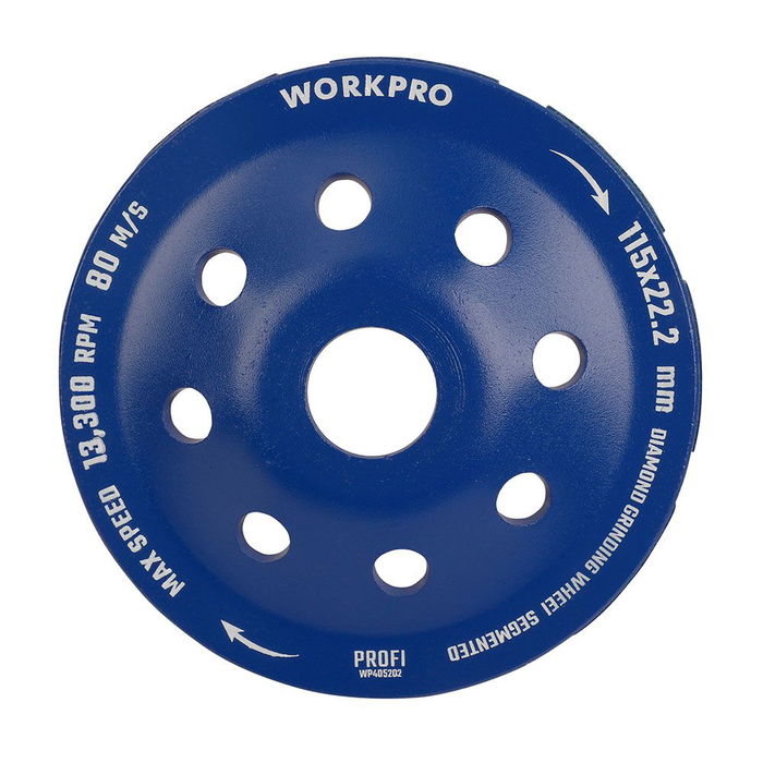 Workpro Muela Copa Diamantada Segmentada Ø115 x 22,2 mm, 9 Dientes, para Pulido de Hormigón y Piedra, 13300 RPM Máx.