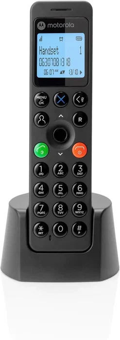 Motorola DOT201 Teléfono DECT Inalámbrico Negro para Escritorio con Altavoz, 100 Entradas Agenda, Identificador Llamadas, Pantalla y Botones Grandes (Teléfono Ancianos)