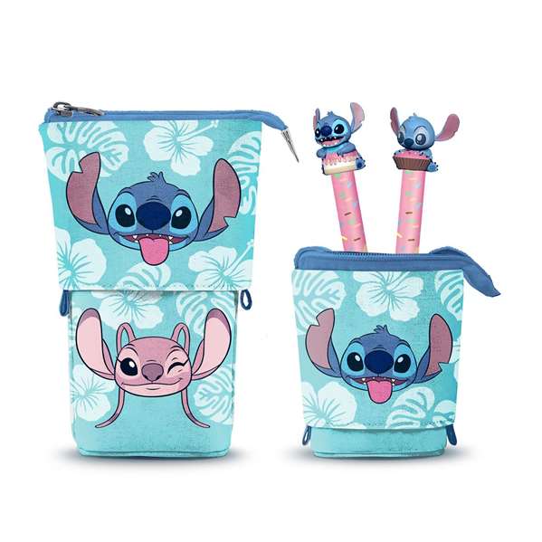 Karactermania Portatodo Cute Lilo y Stitch Aloha con 2 Bolis de 10 Colores Borrables, Convertible en Portalápices, Poliéster, Azul