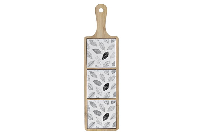 DKD Home Decor Set de 4 Tablas de Aperitivo de Gres y Bambú con Diseño de Hojas, 44x12x1 cm, Negro y Blanco