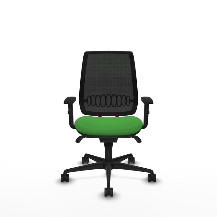 Silla de oficina Alares con mecanismo Sincro tapizada con Tela color Verde y malla color Negro. Equipada con lumbar 1D, Brazos 1D y Ruedas 65mm nailon