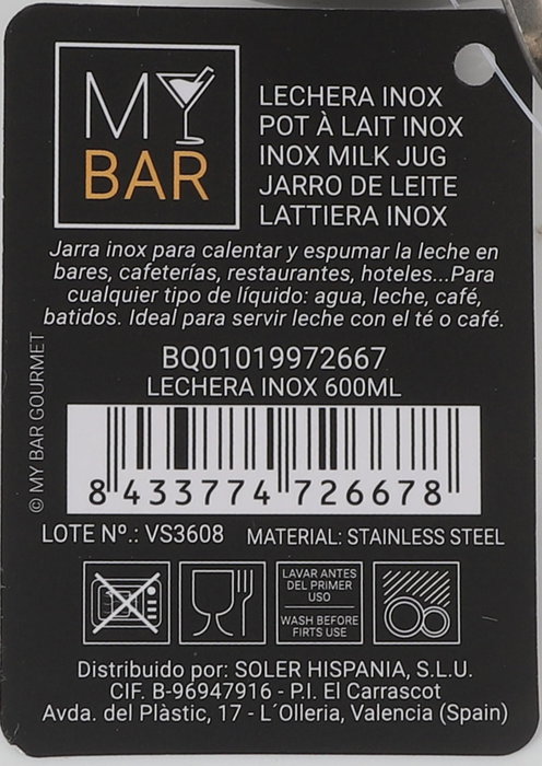 My Bar Lechera Inox 600 ml | 9.1 cm (ancho) x 10.3 cm (alto) x 12.5 cm (largo) (12 Unidades)