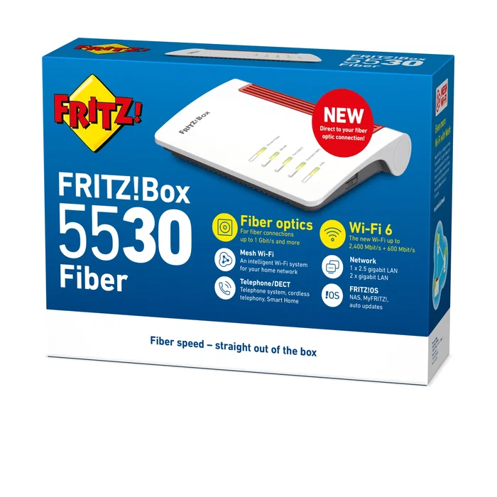 AVM FRITZ!Box 5530 Fiber XGS-PON - Router inalámbrico Wi-Fi 6 Dual-Band (2400 Mbps) para fibra óptica, 1x 2.5GbE WAN/LAN, 2x Gigabit LAN, Blanco