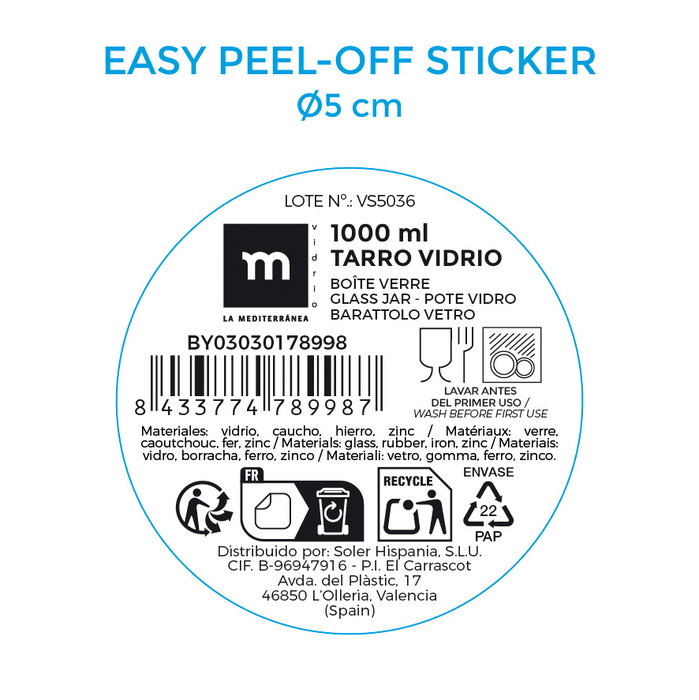 La Mediterranea Tarro de Vidrio con Clip 2 Posiciones, 1000 ml, Ancho 9.8 cm, Alto 15 cm, Largo 13.3 cm (12 Unidades)