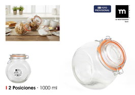 La Mediterranea Tarro de Vidrio con Clip 2 Posiciones, 1000 ml, Ancho 9.8 cm, Alto 15 cm, Largo 13.3 cm (12 Unidades)