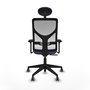 Silla de oficina Motilla con mecanismo Sincro tapizada con Tela color Azul claro y malla color Blanco. Equipada con lumbar 1D, Brazos 3D, Cabecero Fijo y Ruedas 65 mm parqué