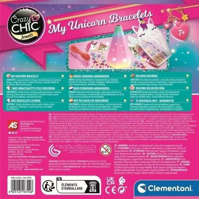 Clementoni 8005125187928 Caja creativa Unicornio - Crea tus pulseras de pedrería de colores con dijes y pompones