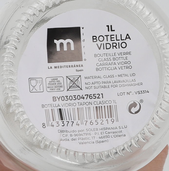La Mediterranea Botella de Vidrio con Tapón Clásico, 1 Litro, Pack de 24 Unidades