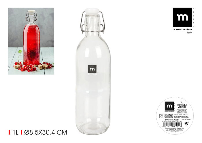 La Mediterranea Botella de Vidrio con Tapón Clásico, 1 Litro, Pack de 24 Unidades La Mediterranea Botella de Vidrio con Tapón Clásico, 1 Litro, Pack de 24 Unidades