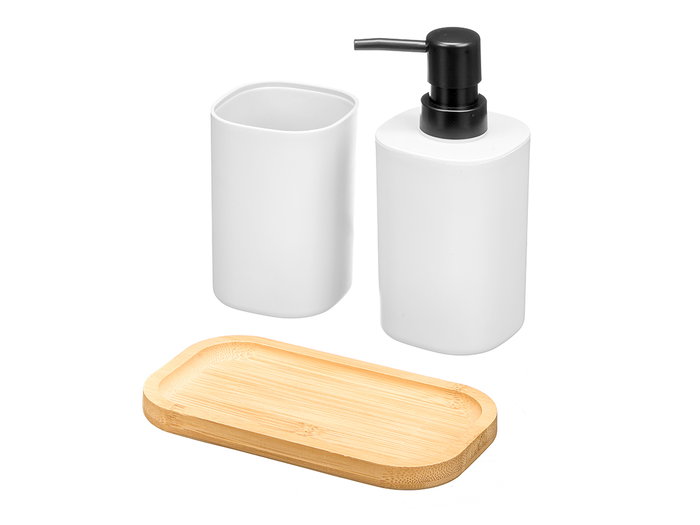 Berilo Set Dosificador Vaso Base Bambú Blanco Plástico 16.3x8.9x17.7 cm (Set de 12)