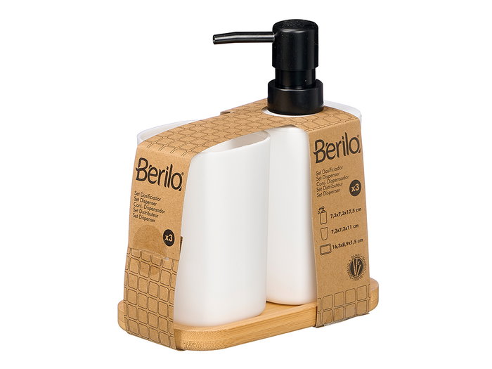 Berilo Set Dosificador Vaso Base Bambú Blanco Plástico 16.3x8.9x17.7 cm (Set de 12)