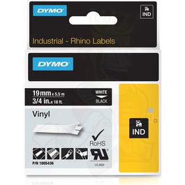Dymo Rhino Cinta de Etiquetas Industrial ID1-19, Adhesiva de Poliéster, Blanco sobre Negro, 19 mm x 5.5 m